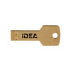 A gold square key flash drive with a key shape, featuring a logo on one side.