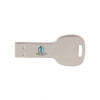 A round silver flash drive designed in the shape of a key, featuring a logo on one side.
