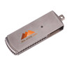 A metallic rectangular swivel flash drive with a silver finish and a logo on the surface.