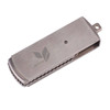 A metallic rectangular swivel flash drive with a textured surface and a logo on the side.