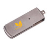 A metallic rectangular swivel flash drive with a logo, featuring a sleek, brushed finish.