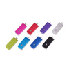 A collection of nine Puller Swivel Flash Drives in pink, red, purple, silver, green, blue, and black. Each has a logo.
