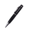 A sleek black pen with metallic accents, featuring a logo and a clip for easy attachment.