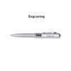 A silver pen with a shiny finish and a logo, featuring a push mechanism and a sleek design.