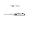 A silver pen with a sleek design and a clip, featuring a logo on its side.