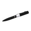 A black pen with a sleek design, featuring a silver clip and a branding logo on its body.