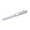 A silver pen with a sleek design that features a logo, designed as a flash drive.