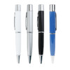 A collection of four metal pen flash drives in white, silver, black, and blue, featuring chrome accents.