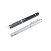 A black and silver USB memory pen, resembling a traditional pen, with a clip for attachment. Both have branding.