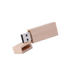 A rectangular wooden flash drive in a light wood finish, with a removable cap and a metal USB connector.