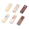 A collection of wooden flash drives in various finishes, featuring logos and promotional designs.