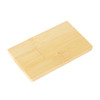 A wooden flash drive resembling a credit card, with a smooth, natural bamboo finish. It features a logo.