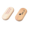An oblong wooden flash drive with a light brown finish, featuring two logos on either side.