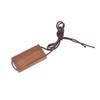 A wooden flash drive with a brown finish, featuring a looped string for easy carrying.
