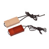 A wooden string flash drive in natural and dark wood finishes, connected by a cord for easy carrying.