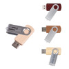 A collection of metal swivel wooden flash drives in various wood tones, featuring a metallic swivel and a logo.