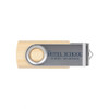 A metal swivel wooden flash drive featuring a silver metal section and a natural wood finish, with a logo.