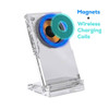 A clear acrylic magnetic wireless charging stand featuring blue magnets and wireless charging coils.