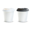A coffee cup set featuring two 180ml cups, one with a white lid and one with a black lid, both in white.
