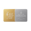 A square metal coaster featuring a gold finish on one side and a silver finish on the other, both with logos.