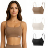 A seamless thin-strap U-back yoga crop bra tank in brown, with additional versions in white and black. Features a logo.
