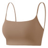 A women's seamless thin-strap U-back yoga crop bra tank in a muted tan colour, featuring a simple design and a logo.