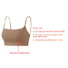 A seamless, thin-strap U-back yoga crop bra tank in a neutral beige colour with a logo in the lower corner.