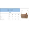 A tan seamless thin-strap U-back yoga crop bra tank with a size chart detailing dimensions for multiple sizes.