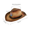 A straw cowboy hat in shades of brown, featuring an adjustable band and a logo on the front. Dimensions provided.