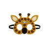 A giraffe-themed felt mask in yellow and brown with black straps and a playful design for kids.