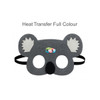A grey koala felt mask with white ears and cut-out eyes, featuring a colourful logo.