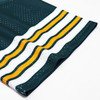 A loose retro V-neck hockey jersey featuring green, white, and yellow stripes with a breathable fabric texture.