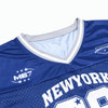 A blue jersey featuring a V-neck design, mesh fabric, and a logo on the shoulder. It includes a splicing detail.