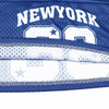 A blue sports jersey featuring a mesh design and a logo. The jersey includes a number and is made from 100% polyester.