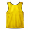 A yellow training bib made of 100% polyester with black borders and a branding logo.