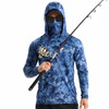 A blue camouflage hoodie with a hood and face covering, featuring a pocket and a logo, designed for sun protection while fishing.
