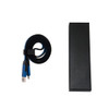A long braided charging cable in black and blue, neatly coiled, alongside a sleek black box.