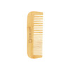 A mixed-tooth bamboo comb in a natural light wood colour, featuring a branding logo on the side.
