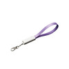 A purple charging cable strap with a white connector and a metal clip for attachment.