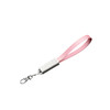 A pink charging cable strap with a white attachment and a metal clip for securing to bags or other items.