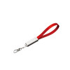 A red lanyard with a white clip attachment and a sliding adjuster. It features a swivel clip for securing items.