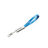 A blue strap with a white clip attachment, featuring a logo and text design.