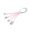 A 3 in 1 charging cable in pink with a keyring attachment, featuring USB, Micro-USB, and Lightning connectors.