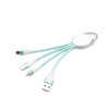 A turquoise macaron-shaped charging cable with three connectors and a keyring attachment.