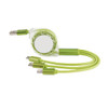 A retractable charging cable in green and clear, featuring three connectors: USB, Lightning, and micro USB.