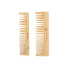 Two bamboo combs with a light brown finish, featuring a logo on one side.