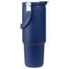 A drink bottle in navy blue with a silver clasp, featuring a textured surface and a secure lid.