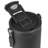 A drink bottle featuring a black matte finish and a flip-top lid with a locking mechanism. It has a logo on the side.
