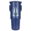 A drink bottle with a navy exterior, featuring a logo and decorative design.