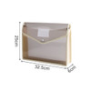 A transparent expanding document folder in beige, featuring a button closure and measurement details.